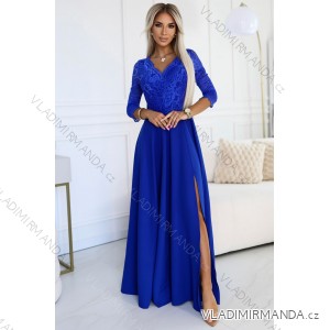 Langes, elegantes Party-Spitzenkleid mit Ausschnitt, langen Ärmeln (S  2XL), polnische Mode  Königsblau 309-12 AMBER