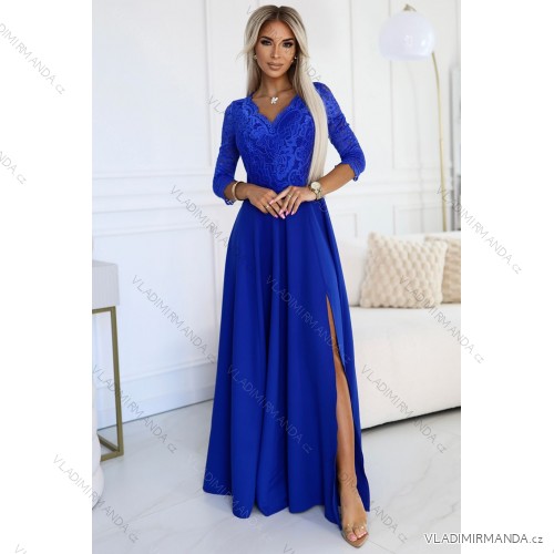Šaty dlouhé elegantní společenské krajkové s výstřihem dlouhý rukáv  (S - 2XL) Polská móda- Royal blue 309-12 AMBER Königsblau 2XL
