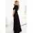 581-1 JENNIFER glänzendes langes Kleid mit Ärmeln und Ausschnitt - schwarz mit Glitzer