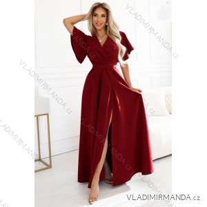 581-2 JENNIFER langes Kleid mit Beinschlitz, Ärmeln und Ausschnitt - burgunderfarben