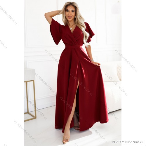 581-2 JENNIFER langes Kleid mit Beinschlitz, Ärmeln und Ausschnitt - burgunderfarben