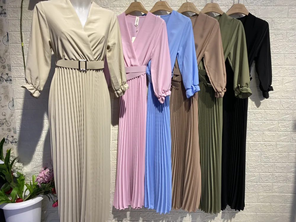 Langes elegantes Plisseekleid mit Gürtel Langarm Damen (S/M/L Einheitsgröße) ITALIAN FASHION IMPGM256167