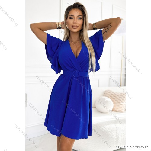 586-2 Damenkleid mit Umschlagausschnitt, Ärmeln und Gürtel - blau