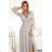 572-3 NELA glänzendes langes Kleid mit Ausschnitt, langen Ärmeln und Beinschlitz - beige