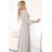 572-3 NELA glänzendes langes Kleid mit Ausschnitt, langen Ärmeln und Beinschlitz - beige