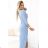 404-12 Glänzendes langes Kleid mit Ausschnitt und Schlitz am Bein - hellblau mit Glitzer