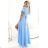 581-3 JENNIFER langes Kleid mit Beinschlitz, Ärmel und Ausschnitt - hellblau hellblau L