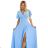 581-3 JENNIFER langes Kleid mit Beinschlitz, Ärmel und Ausschnitt - hellblau hellblau L