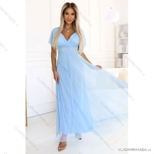 562-5 NASTIA Langes Kleid mit Ausschnitt und kurzen Ärmeln - hellblau