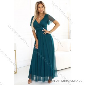 562-4 NASTIA Langes Kleid mit Ausschnitt und kurzen Ärmeln - grün
