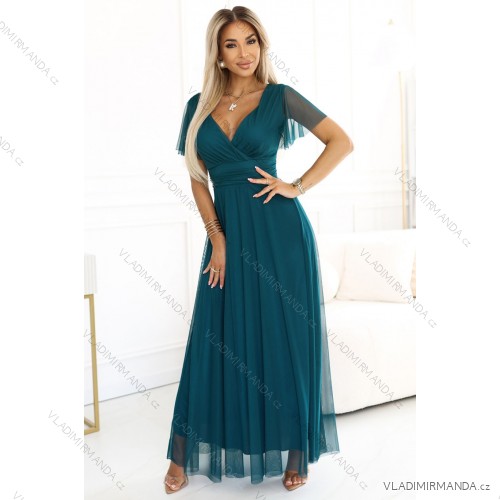 562-4 NASTIA Langes Kleid mit Ausschnitt und kurzen Ärmeln - grün