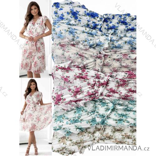 Kurzes Sommerkleid mit plissiertem Blumenmuster, kurze Ärmel, Damen, Übergröße (54/56/58, Einheitsgröße) ITALIENISCHE MODE IMWT251126