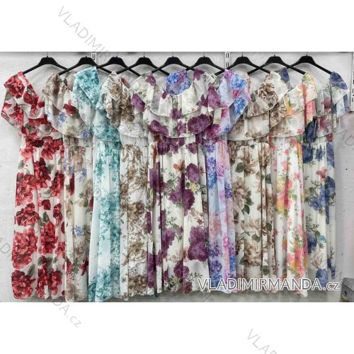 Langes Chiffon-Blumenkleid mit kurzen Ärmeln für Damen, übergroß (42/44/46 EINHEITSGRÖSSE) ITALIENISCHE MODE IMWHA251672