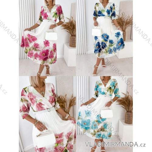 Chiffonkleid Sommer plissiert und geblümt mit Gürtel 3/4 Langarm Damen übergroß (46/48/50 Einheitsgröße) ITALIENISCHE MODE IMWGM251732