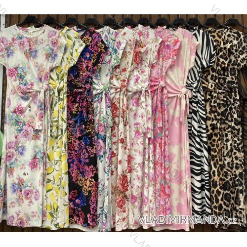 Langes Sommerkleid Zitrone, Blumen- und Leopardenmuster Kurzarm Damen (XS/S/M Einheitsgröße) ITALIAN FASHION IMWHD252133