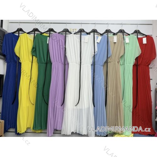 Langes Sommerplissiertenkleid mit Gürtel, kurze Ärmel, Damen (XS/S/M Einheitsgröße) ITALIAN FASHION IMWAR252233