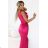 580-5 AURORA Langes Satin One-Shoulder-Kleid mit Rose und Schlitz | Rosa