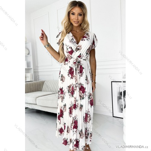 434-8 LISA Plissiertes Midikleid mit Ausschnitt und Rüschen - burgunderrote Rosen