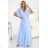 545-2 Langes Kleid mit plissiertem Ausschnitt und Schleife - hellblau