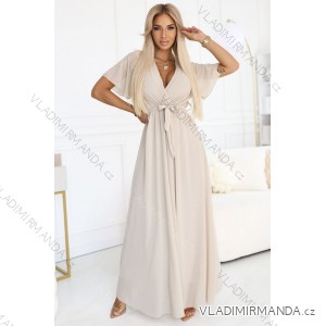 545-3 Langes Kleid mit plissiertem Ausschnitt und Schleife - beige