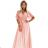 545-4 Langes Kleid mit plissiertem Ausschnitt und Krawatte - pfirsichfarben