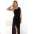 600-1 SELENA atemberaubendes langes One-Shoulder-Kleid mit Glitzerglanz und Schlitz am Bein – SCHWARZ