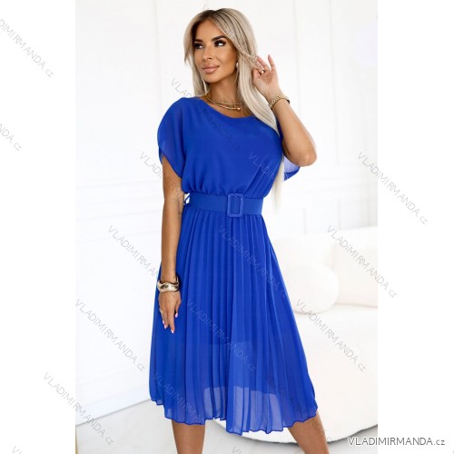 465-6 MIA Plissiertes Chiffon-Midikleid mit breitem Gürtel - Kornblumenblau