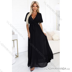 545-5 Langes Kleid mit plissiertem Ausschnitt und Schleife - schwarz
