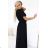 545-5 Langes Kleid mit plissiertem Ausschnitt und Schleife - schwarz