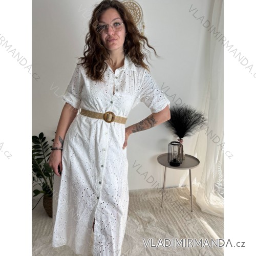 Sommerliches Boho-Hemdblusenkleid für Damen mit Gürtel und kurzen Ärmeln (Einheitsgröße S/M) ITALIAN FASHION IMPEM232191 weiß S / M / L