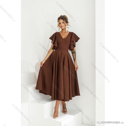 Langes, elegantes Damenkleid mit breiten Trägern (SL) FRENCH FASHION FMPEL23VELVET brown Schokolade 48