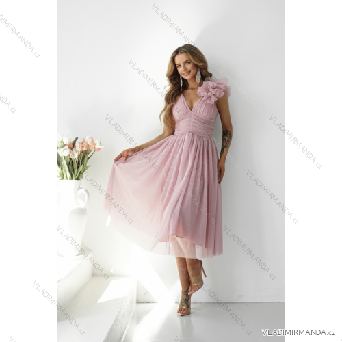 Langes, elegantes Damenkleid mit breiten Trägern (SL) FRENCH FASHION FMPEL23VELVET Rose alte Rose 42