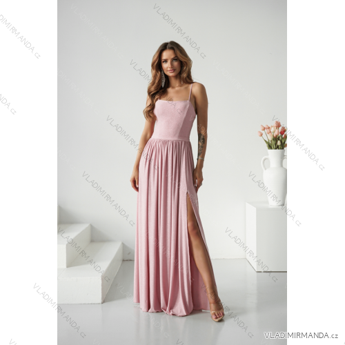 Langes, elegantes Damenkleid mit breiten Trägern (SL) FRENCH FASHION FMPEL23VELVET Rose alte Rose 34