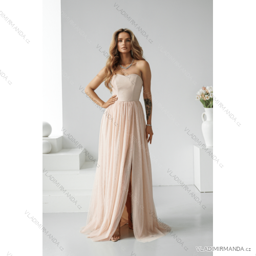 Langes, elegantes Damenkleid mit breiten Trägern (SL) FRENCH FASHION FMPEL23VELVET béžová smetanová 34
