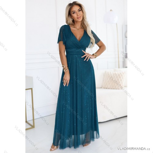 635-1 MELANIA langes, glänzendes Kleid mit Ausschnitt und kurzen Ärmeln - Flaschengrün