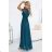 635-1 MELANIA langes, glänzendes Kleid mit Ausschnitt und kurzen Ärmeln - Flaschengrün