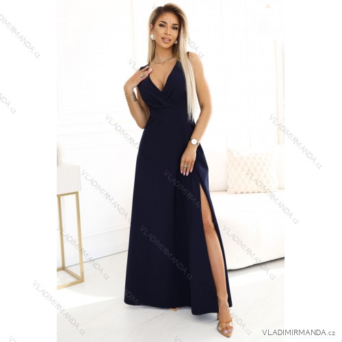 634-1 MIRA elegantes Maxikleid mit Wickelausschnitt und Beinschlitz - marineblau