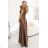 411-14 Langes Satinkleid von CRYSTAL mit Ausschnitt - Mokka-Mousse
