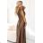 411-14 Langes Satinkleid von CRYSTAL mit Ausschnitt - Mokka-Mousse