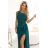 600-2 SELENA schimmerndes, langes One-Shoulder-Kleid mit Schlitz – grün mit Glitzer