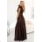 411-15 CRYSTAL langes Satinkleid mit Ausschnitt - Schokoladenbraun