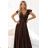 411-15 CRYSTAL langes Satinkleid mit Ausschnitt - Schokoladenbraun