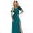 653-1 Elegantes langes Kleid mit Rose, Gürtel und hohem Schlitz – Flaschengrün