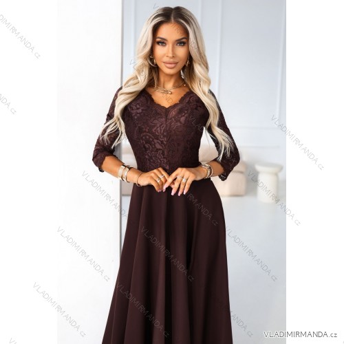 309-14 Elegantes langes Spitzenkleid AMBER mit Ausschnitt - Schokoladenbraun