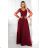 640-1 LORETTA einzigartiges langes Kleid mit Tüllärmeln und -ausschnitt - bordeauxrot
