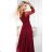 640-1 LORETTA einzigartiges langes Kleid mit Tüllärmeln und -ausschnitt - bordeauxrot