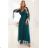 655-2 Ein langes, schimmerndes Kleid mit tiefem Ausschnitt und transparenten Ärmeln – smaragdgrün