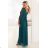 655-2 Ein langes, schimmerndes Kleid mit tiefem Ausschnitt und transparenten Ärmeln – smaragdgrün