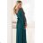 655-2 Ein langes, schimmerndes Kleid mit tiefem Ausschnitt und transparenten Ärmeln – smaragdgrün