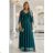 655-2 Ein langes, schimmerndes Kleid mit tiefem Ausschnitt und transparenten Ärmeln – smaragdgrün